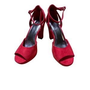 Womens High Block Heel Ankle Strap Open Toe Red Faux Suede Shoes Size 8.5